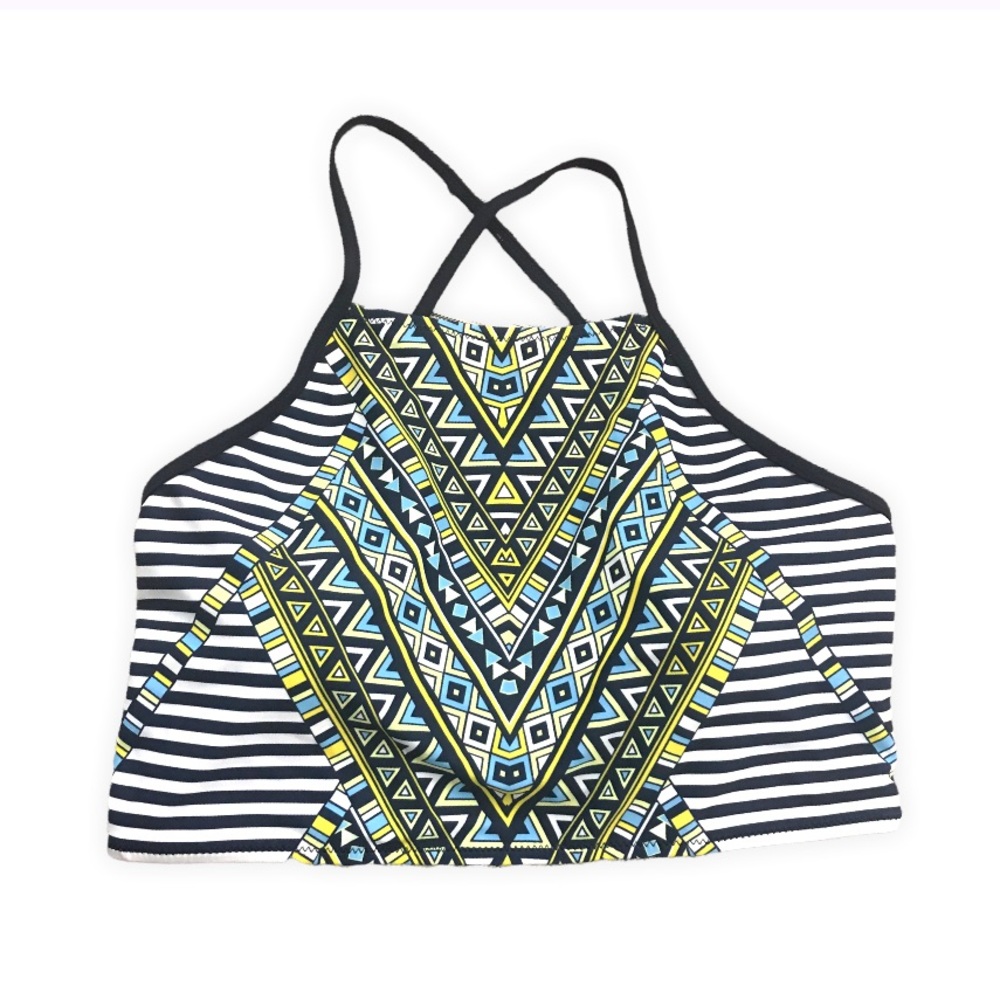 Blue/Yellow/White Patterned Lace-up Back Swimsuit Top